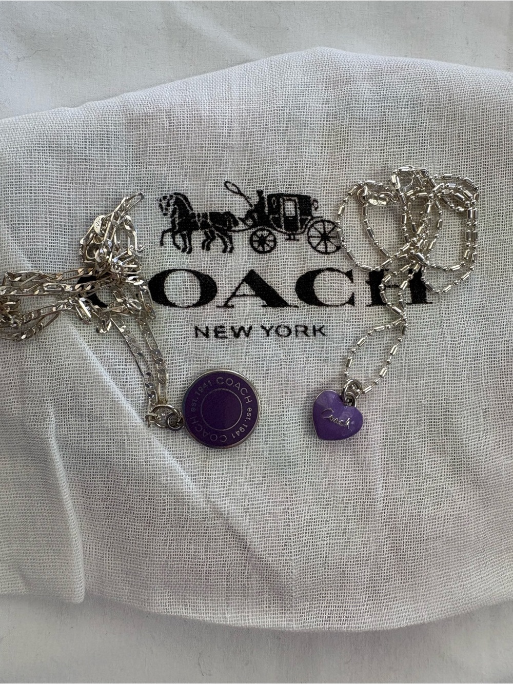 Purple Heart and Purple Disk Charms with Coach Logo on Silver 925 chains